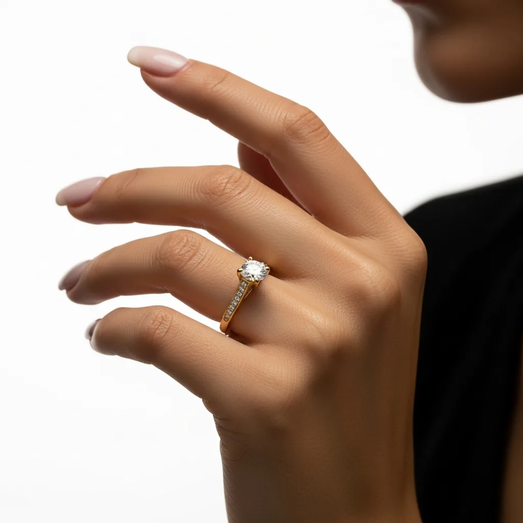 AI virtual try-on — selected hand model wearing the designed ring